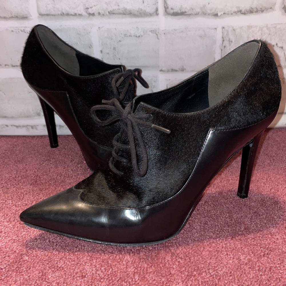 Faux fur heels with leather trim